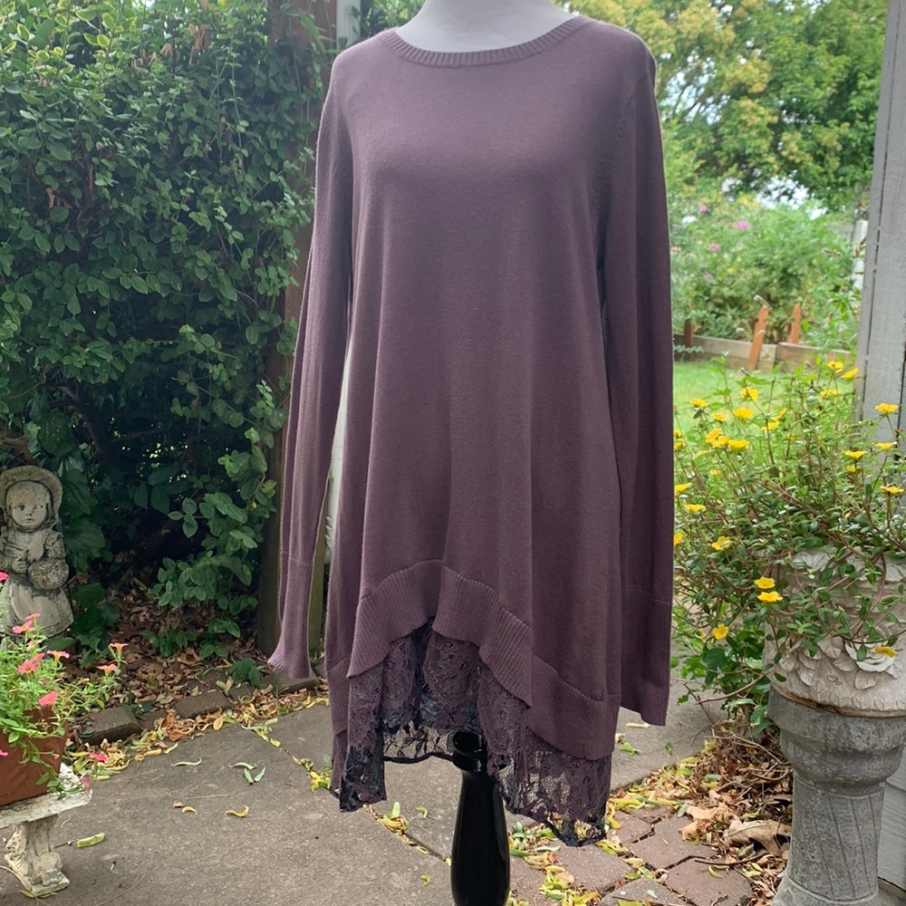 LOGO Lori Goldstein Brown High Low Tunic Sweater with Lace Detail - Picture 2 of 8